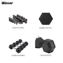 Halteres de borracha hexagonal de ferro fundido personalizado com garras não deslizantes ergonomicamente projetadas, embrulho de borracha durável, conjunto de halteres hexagonais personalizados.