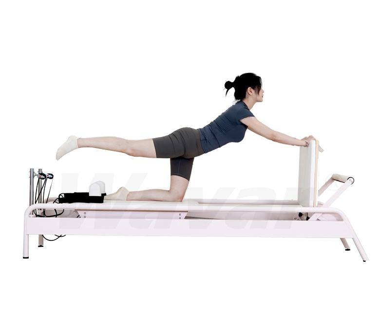 Novo reformador de pilates de aço rosa com barra de pé embutida
