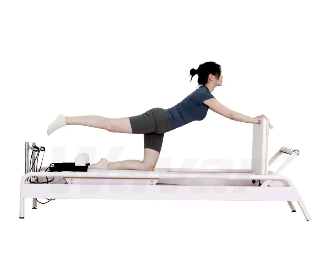 Novo reformador de pilates de aço rosa com barra de pé embutida